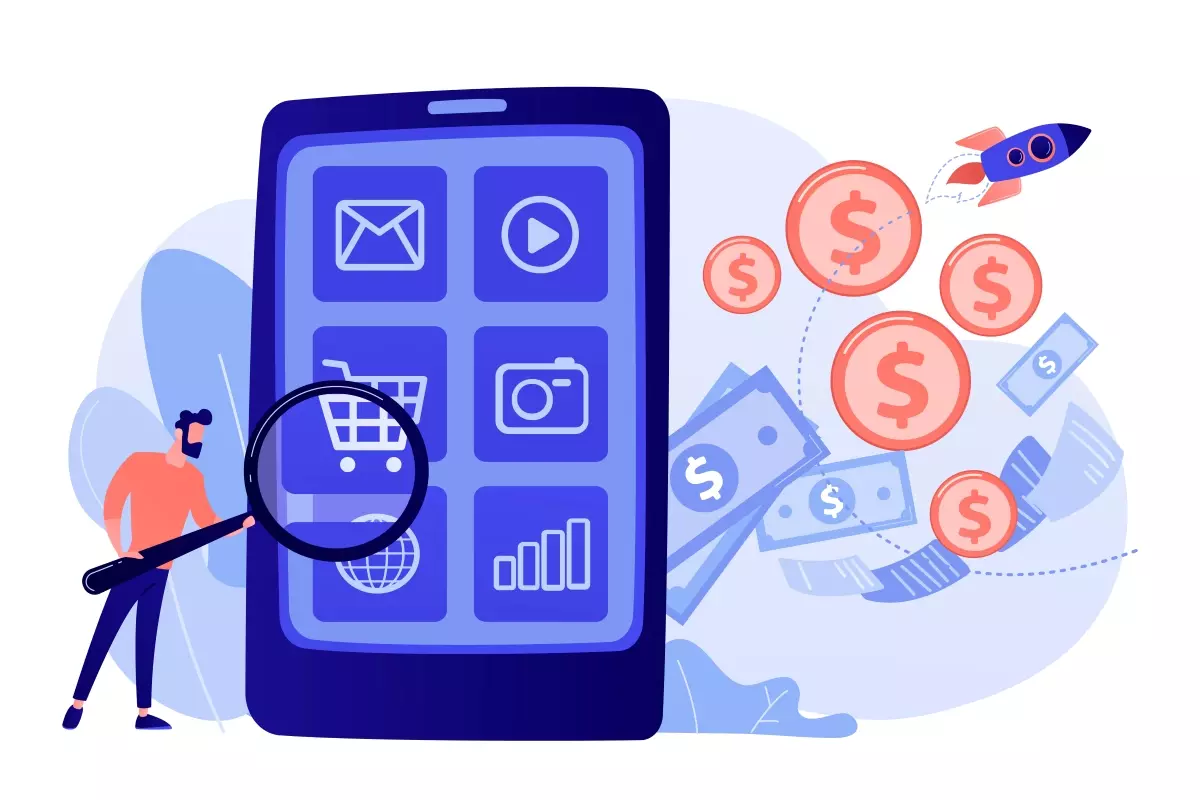 Ilustração de um celular com aplicativos para gerenciamento inteligente, incluindo compras, análise de dados e controle financeiro, com elementos de crescimento e inovação.