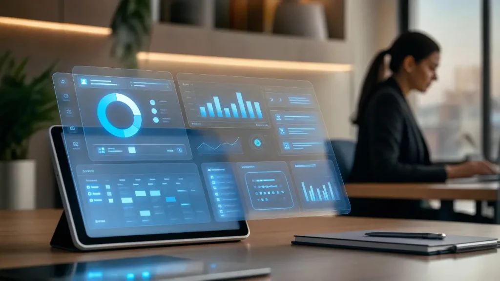Close em um tablet com interface holográfica de painel de dados e gráficos azuis representando como a tecnologia pode ajudar na gestão dos funcionários intermitentes, enquanto uma pessoa trabalha ao fundo em um escritório moderno