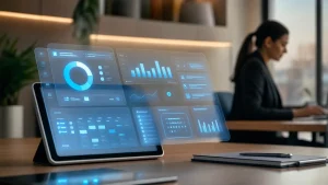 Close em um tablet com interface holográfica de painel de dados e gráficos azuis representando como a tecnologia pode ajudar na gestão dos funcionários intermitentes, enquanto uma pessoa trabalha ao fundo em um escritório moderno