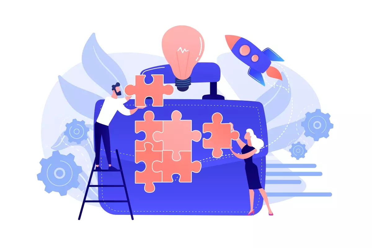 Ilustração sobre gerenciamento de trabalhadores intermitentes, mostrando pessoas montando peças de quebra-cabeça, com elementos de inovação e tecnologia.