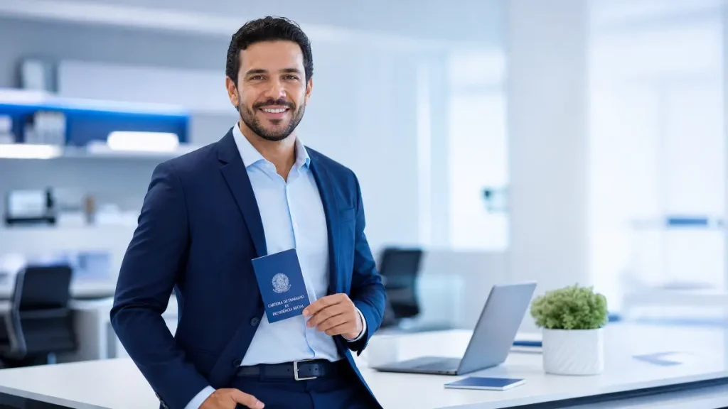 Homem sorridente em escritório corporativo moderno, usando terno azul e segurando um cartão de identificação e crachá, ao lado de mesa com notebook e planta decorativa representando como preencher carteira de trabalho no regime intermitente