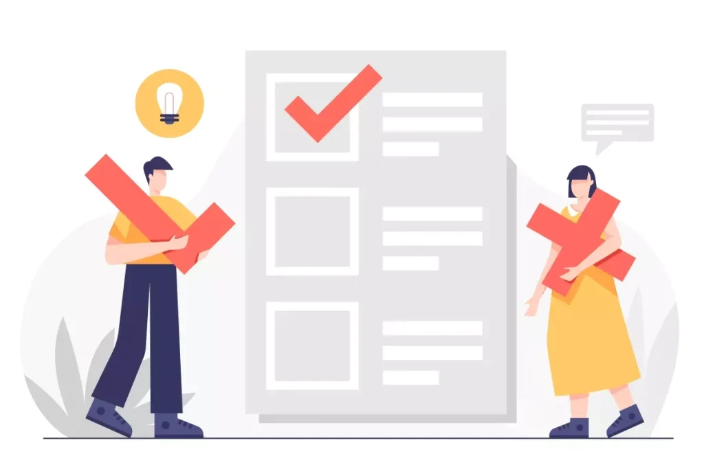 Ilustração de duas pessoas segurando ferramentas de check list ao lado de uma grande lista, representando a inscrição na Carteira de Trabalho no Regime Intermitente, com foco na importância de regularização trabalhista.