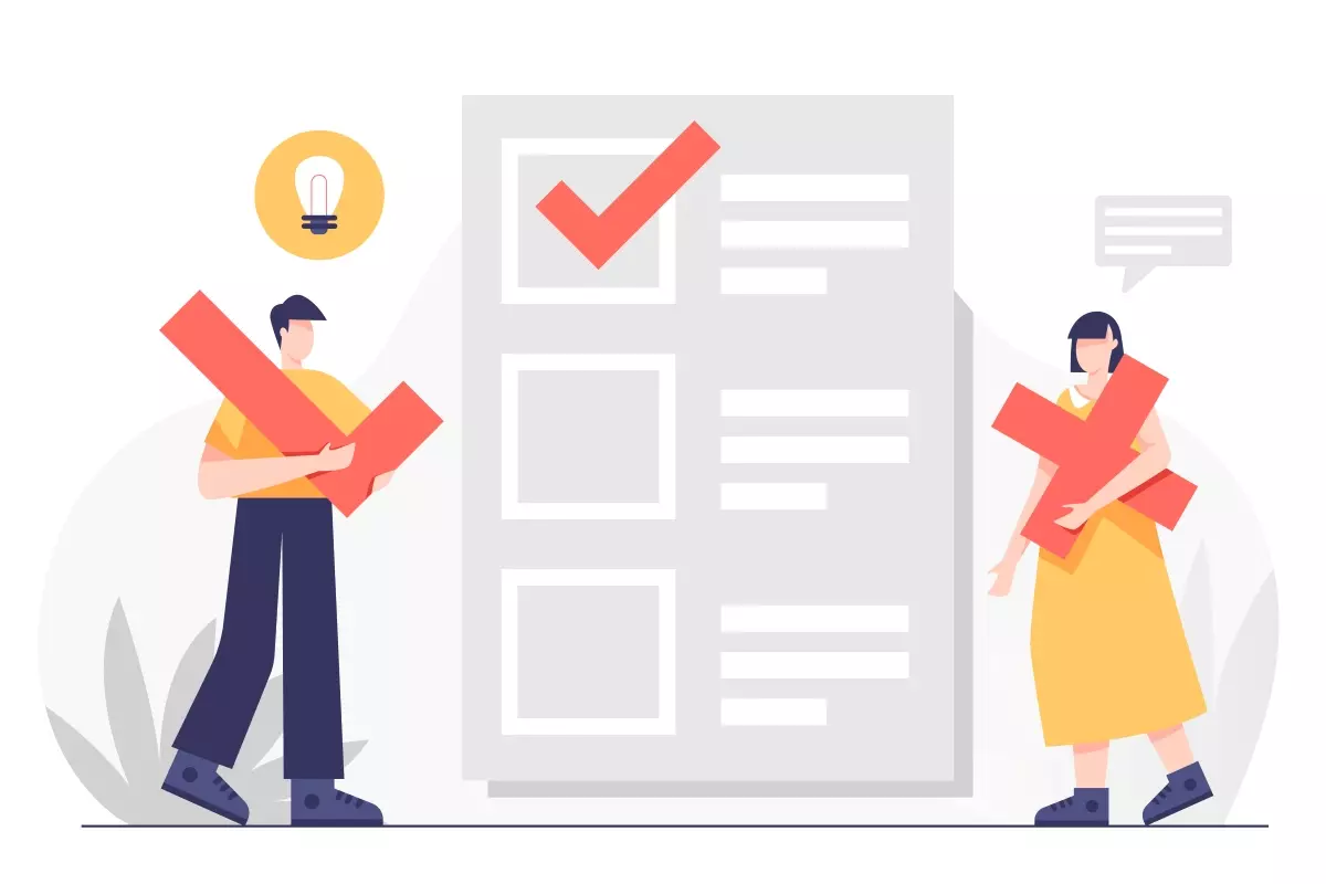 Ilustração de duas pessoas segurando ferramentas de check list ao lado de uma grande lista, representando a inscrição na Carteira de Trabalho no Regime Intermitente, com foco na importância de regularização trabalhista.