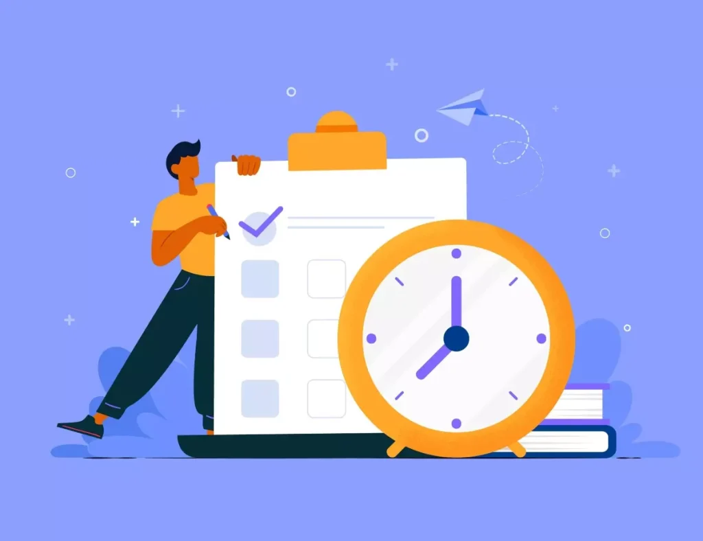 Ilustração de uma pessoa marcando tarefas em uma lista de verificação ao lado de um relógio, representando diferentes tipos de contrato de trabalho como intermitente, temporário e de jornada parcial.