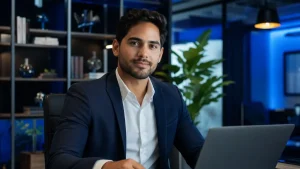 Homem de negócios sorridente em escritório moderno, representando contrato intermitente, temporário e jornada parcial.