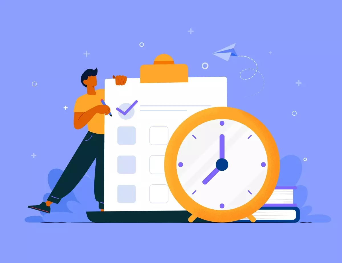Ilustração de uma pessoa marcando tarefas em uma lista de verificação ao lado de um relógio, representando diferentes tipos de contrato de trabalho como intermitente, temporário e de jornada parcial.