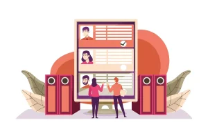 Imagem de duas pessoas analisando uma tela com perfis de trabalhadores, ilustrando quem pode contratar trabalhador intermitente, com caixas de som ao lado.