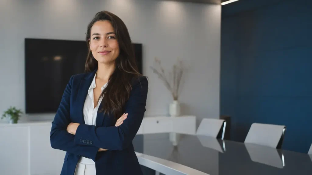 Mulher profissional no ambiente de escritório destacando os deveres do trabalhador no regime intermitente com postura confiante e escritório moderno ao fundo.