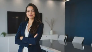 Mulher profissional no ambiente de escritório destacando os deveres do trabalhador no regime intermitente com postura confiante e escritório moderno ao fundo.