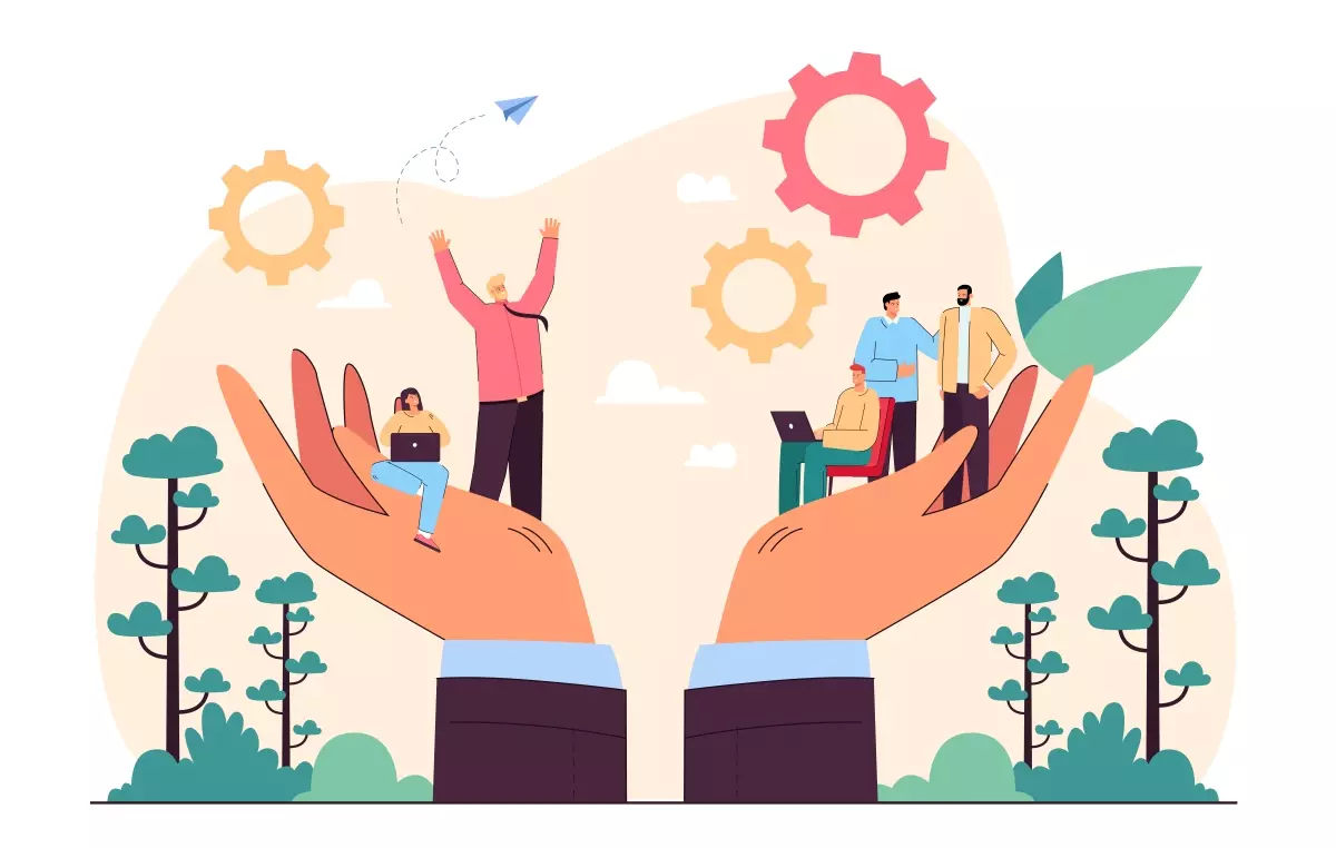 Ilustração representando deveres do trabalhador no regime intermitente, mostrando mãos segurando pequenas figuras de pessoas trabalhando e gears simbolizando tarefas.