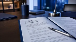 Mesa de escritório com contrato de trabalho em destaque, documento assinado parcialmente e caneta sobre o papel, ao lado de notebook e objetos de trabalho, em ambiente corporativo representando como fazer contrato intermitente