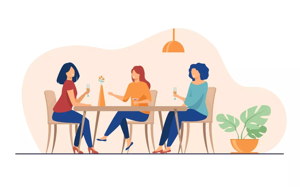 Ilustração de três mulheres conversando e tomando café na hora do almoço, com destaque para o tema de horário de almoço no contrato intermitente, em um ambiente moderno e confortável.