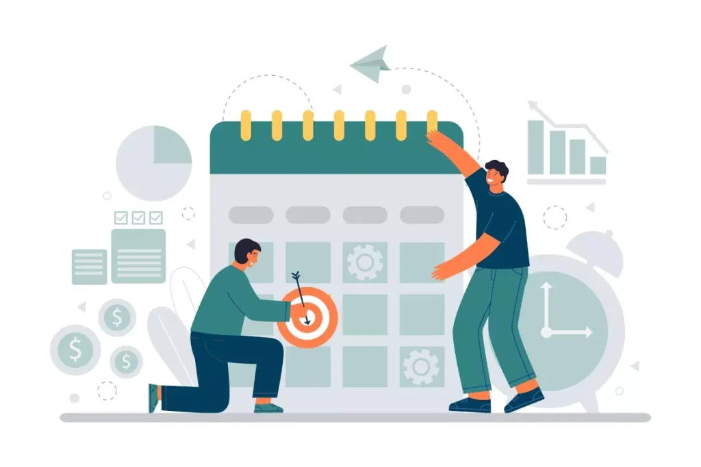 Ilustração de pessoas planejando um contrato intermitente, reforçando que esse tipo de contrato permite trabalhar em feriados, com elementos de gráficos e calendário ao fundo.