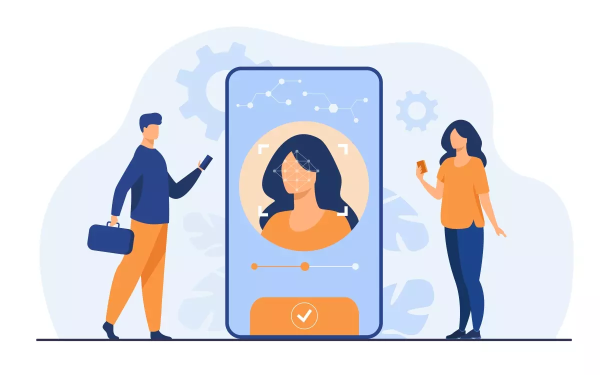 Ilustração de duas pessoas usando smartphones para registrar ponto em sistema digital de controle de frequência, com câmera facial e gráficos tecnológicos ao fundo.
