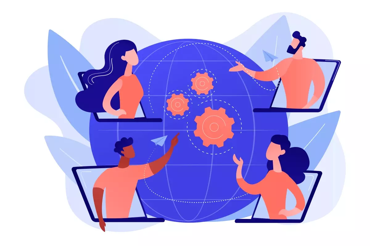 Ilustração representando trabalho intermitente em outros países, com pessoas conectadas através de laptops e engrenagens sobre um globo terrestre, simbolizando colaboração internacional.