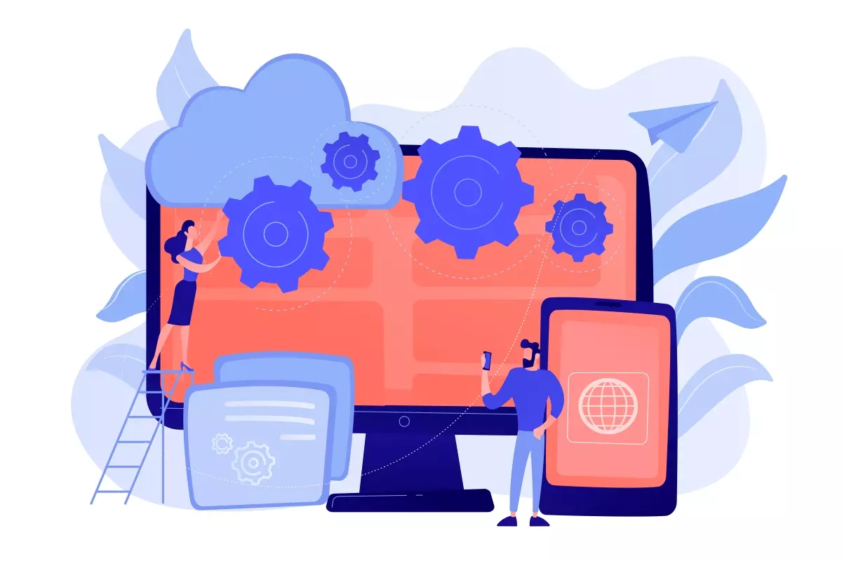 Ilustração representando ferramentas de gestão digital com engrenagens, dispositivos móveis e uma nuvem, destacando a importância de estratégias de gestão eficiente.