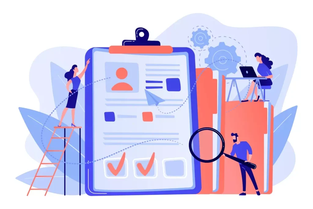 Ilustração sobre contratação de trabalho intermitente por microempresa, com pessoas revisando documentos e usando computadores, destacando o tema da contratação trabalhista.