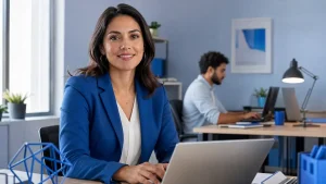 Mulher profissional sorridente em escritório moderno, usando blazer azul e trabalhando em frente a um notebook, enquanto ao fundo pessoas trabalham em mesa com computadores representando a possibilidade de microempresa pode contratar trabalho intermitente