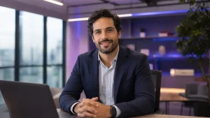 Homem de terno sorrindo em escritório moderno, simbolizando o objetivo do trabalho intermitente, com ambiente iluminado e livro na prateleira ao fundo.