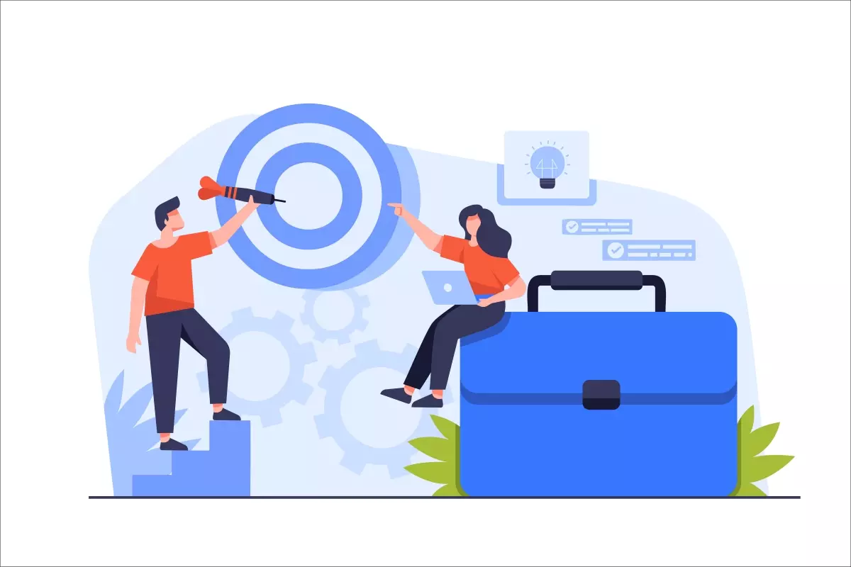 Ilustração representando o objetivo do trabalho intermitente, com duas pessoas discutindo estratégias de trabalho, uma com uma luneta e outra com notebook, em um cenário de escritório moderno.
