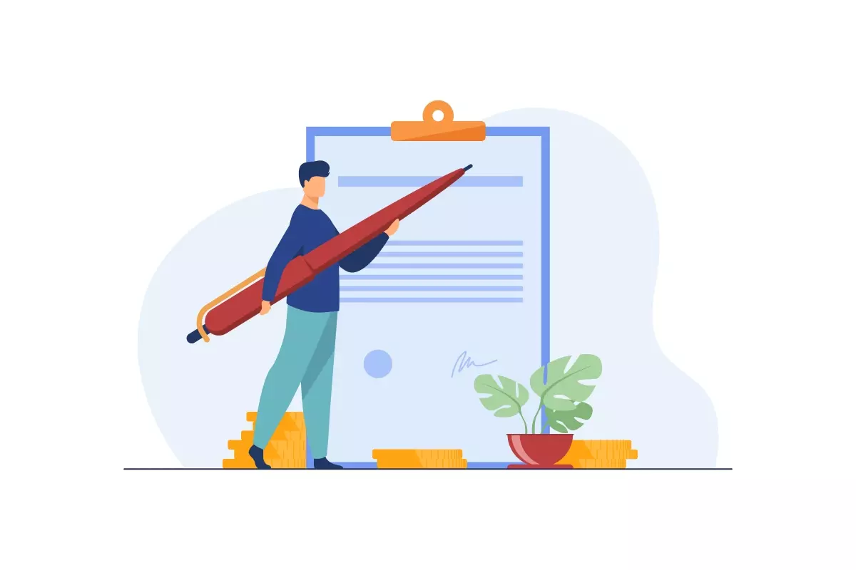 Ilustração de uma pessoa assinando um documento importante, simbolizando processos burocráticos relacionados à rescisão de contrato de trabalho intermitente.