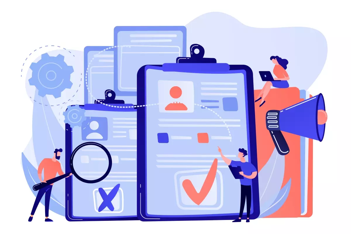 Ilustração representando a contratação de trabalhadores intermitentes com documentos, pessoas analisando informações e uma megafone, destacando o tema.