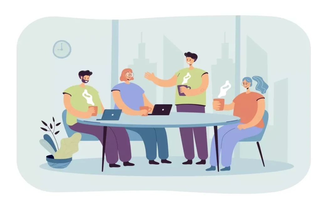 Equipe de trabalhadores em reunião de intervalo no trabalho intermitente, com computadores e bebidas, no escritório moderno.