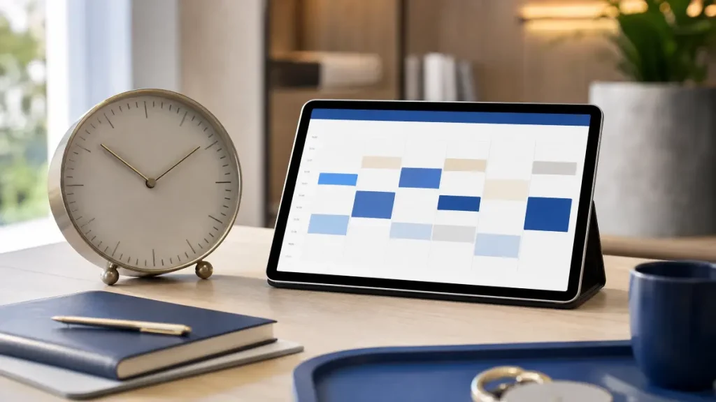 Mesa de escritório com relógio de jornada intermitente, tablet aberto mostrando blocos e gráficos em cores azul e branco, cadernos e caneta, ambiente de trabalho moderno