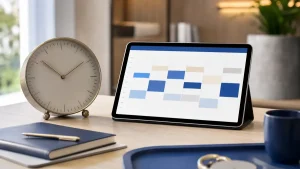 Mesa de escritório com relógio de jornada intermitente, tablet aberto mostrando blocos e gráficos em cores azul e branco, cadernos e caneta, ambiente de trabalho moderno