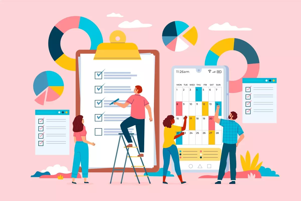 Ilustração colorida de uma equipe organizando a jornada de trabalho usando agendas, checklist e gráficos em ambiente de escritório