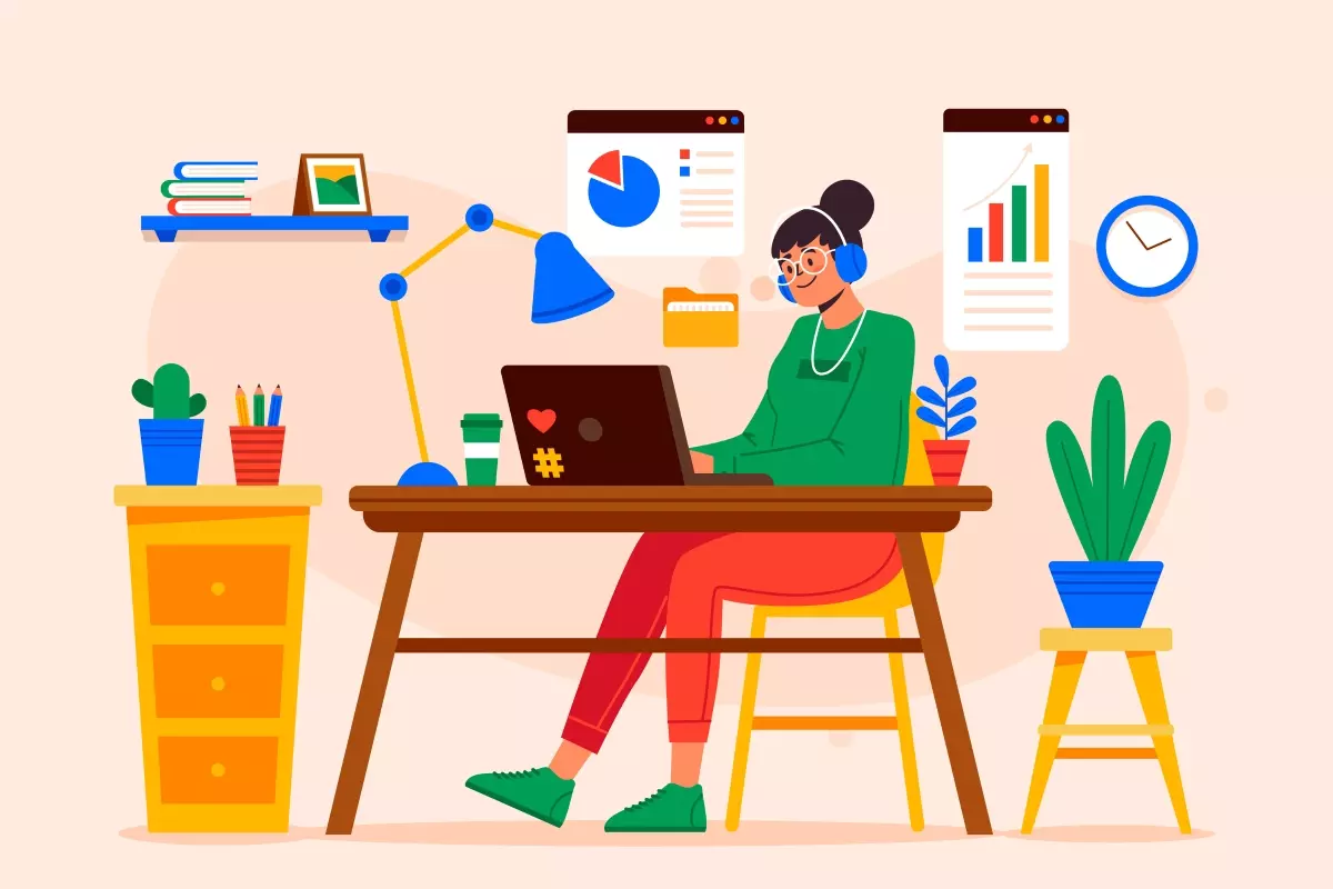 Pessoa em home office trabalhando em um escritório caseiro com computador, plantas, livros e gráficos de desempenho na parede.