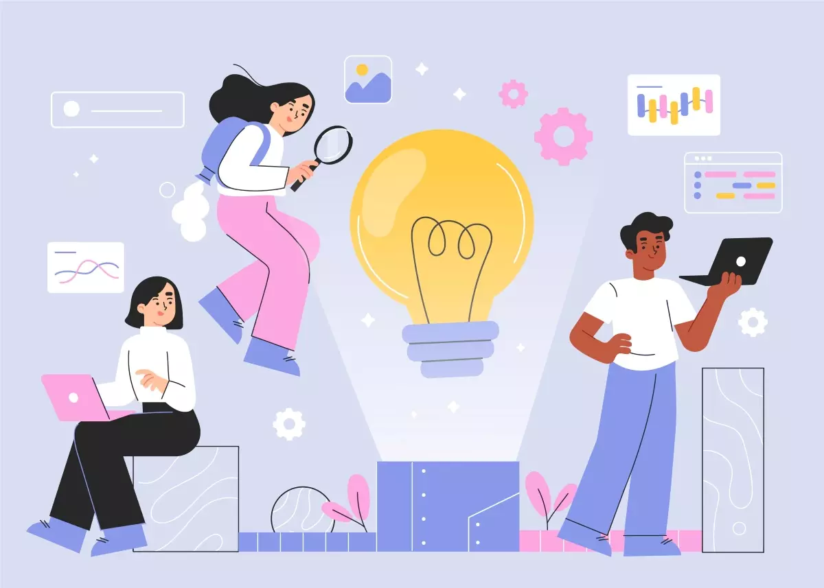 Ilustração representando empreendedorismo e inovação, com pessoas analisando e discutindo estratégias de negócios, destacando a importância do MEI e sua quantidade de funcionários.