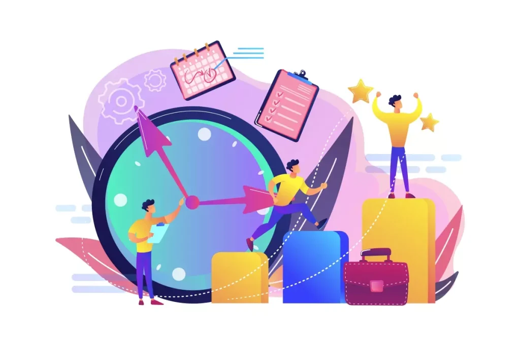 Imagem ilustrativa sobre mudanças trabalhistas, destacando pontos de adaptação no mercado de trabalho com uma ampulheta, pessoas em crescimento e elementos de planejamento.