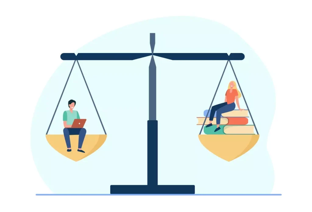 Ilustração de uma balança, simbolizando o Trabalho Intermitente e a Reforma Trabalhista, com uma pessoa usando laptop de um lado e uma mulher de livros do outro, destacando a importância do equilíbrio na nova legislação trabalhista.