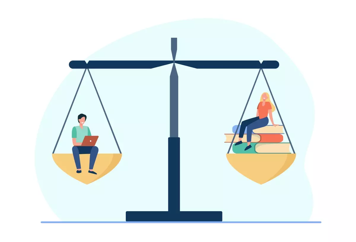 Ilustração de uma balança, simbolizando o Trabalho Intermitente e a Reforma Trabalhista, com uma pessoa usando laptop de um lado e uma mulher de livros do outro, destacando a importância do equilíbrio na nova legislação trabalhista.