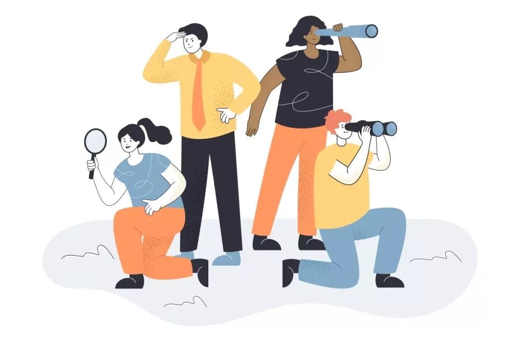 Ilustração de quatro pessoas observando, buscando e analisando o cenário pós-pandemia para o contrato intermitente, simbolizando pesquisa, visão de futuro e adaptação no mercado de trabalho.