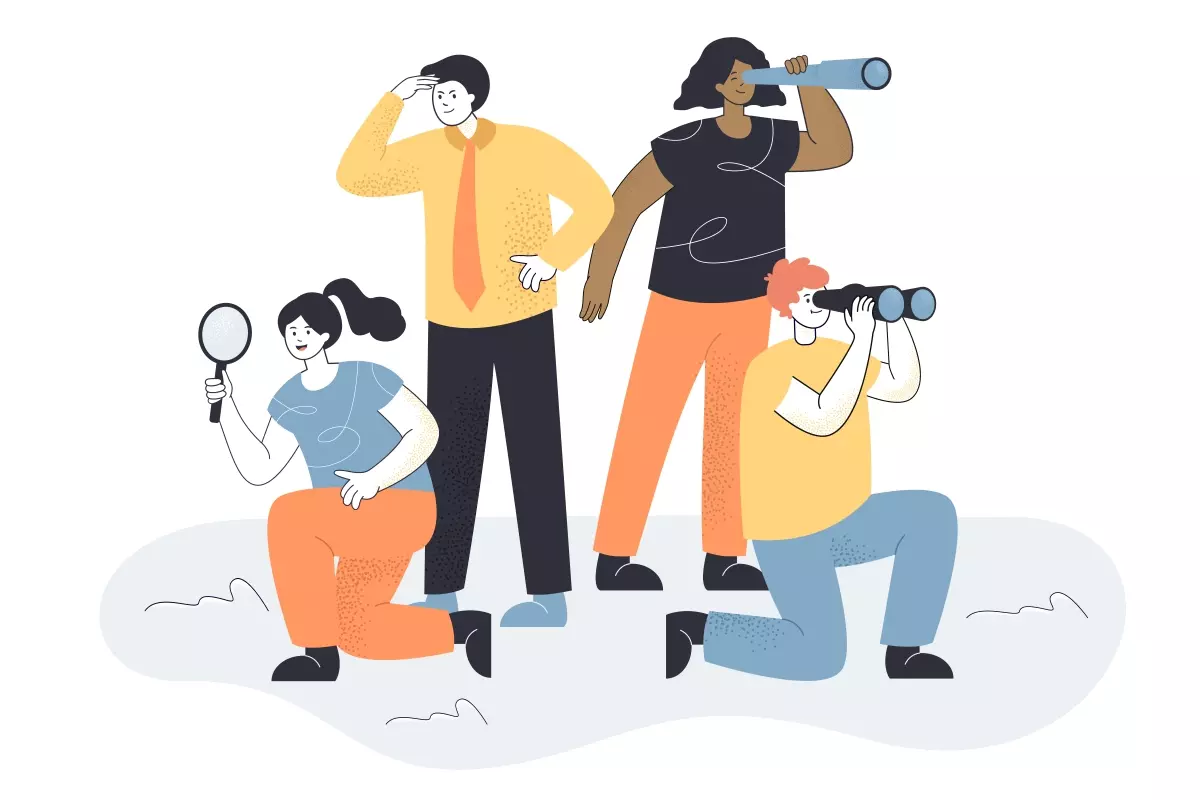 Ilustração de quatro pessoas observando, buscando e analisando o cenário pós-pandemia para o contrato intermitente, simbolizando pesquisa, visão de futuro e adaptação no mercado de trabalho.