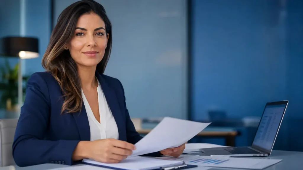 Mulher profissional em escritório moderno, com traje social azul e blusa branca, segurando documentos e conversando, com notebook sobre a mesa ao lado representando a contribuição previdenciária no trabalho intermitente.