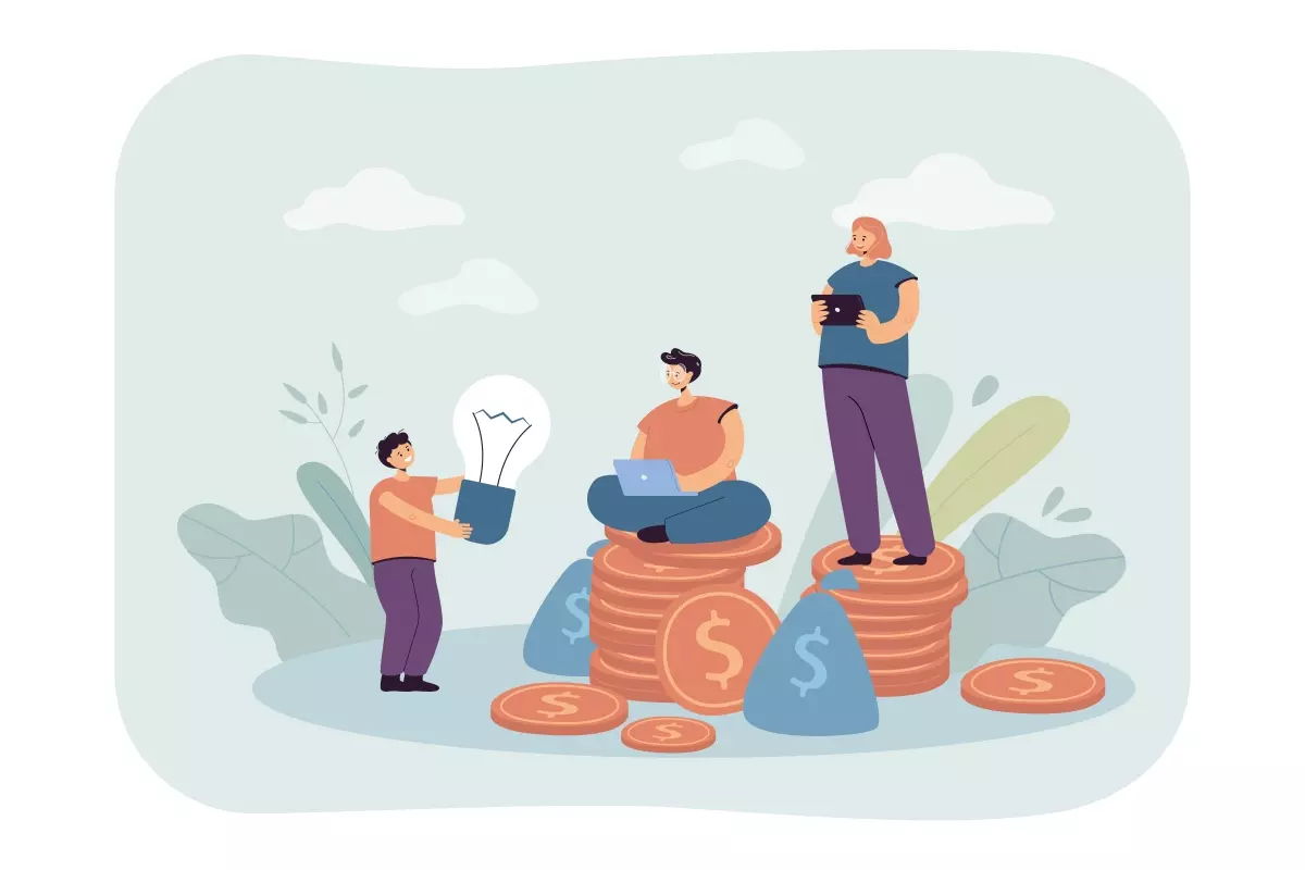 Ilustração explicativa sobre contribuição previdenciária no trabalho intermitente, mostrando pessoas utilizando tecnologia, com moedas e bolsas de dinheiro ao fundo.