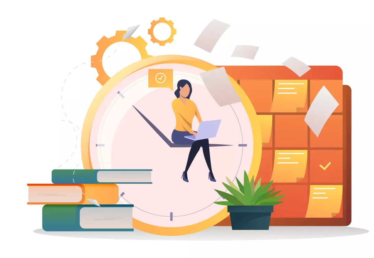 Ilustração de controle da jornada de trabalho com uma mulher usando laptop, relógio grande, livros, quadro de atividades e plantas, representando gestão de tempo no trabalho.