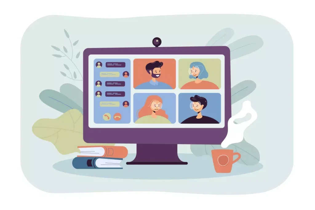 Reunião online sobre convocação intermitente durante a pandemia com diversos participantes em videoconferência no computador, com livros e café na mesa.