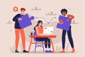 Ilustração de duas pessoas entregando peças de quebra-cabeça para uma pessoa no computador, simbolizando o conceito de trabalho intermitente.