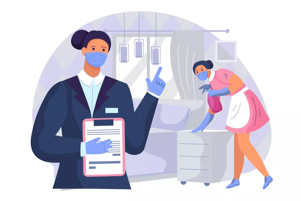 Ilustradora mostra uma profissional de saúde usando máscara facial na pandemia, enquanto outra pessoa realiza serviço de higiene hospitalar. Imagem relacionado a pandemia e trabalho intermitente.