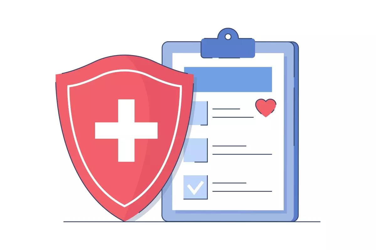 Ilustração de protocolos de saúde para a volta ao trabalho, incluindo uma lista de verificação, um coração e um escudo de proteção com símbolo de cruz branca.