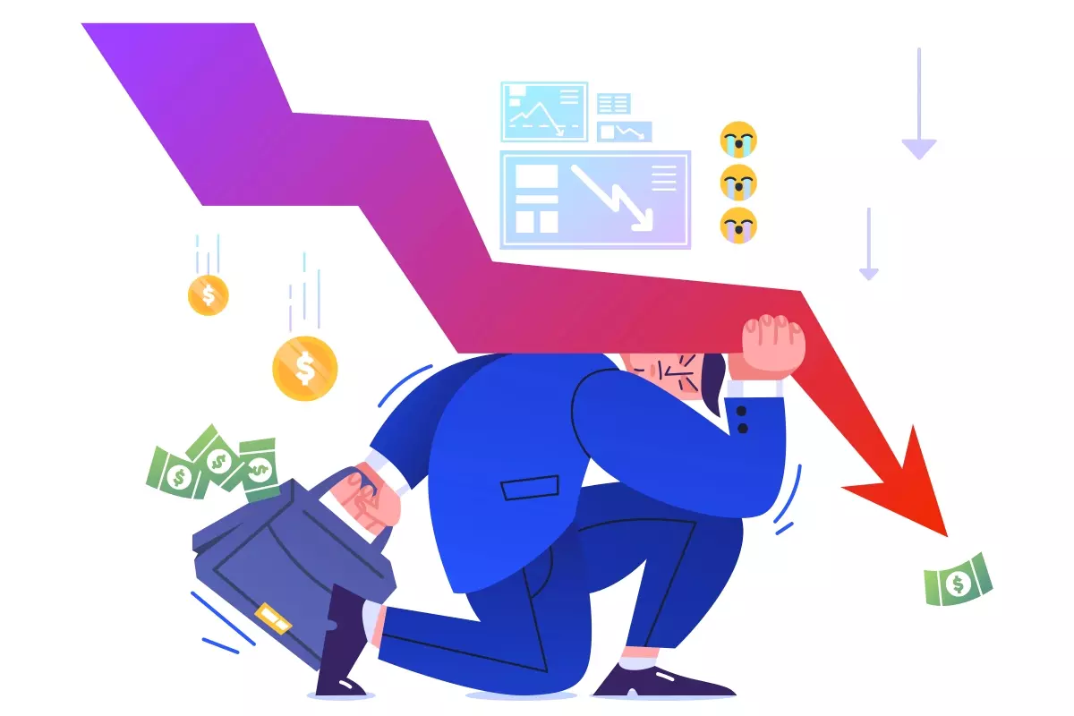 Imagem ilustrativa de um empreendedor desesperado enfrentando a crise financeira, com gráfico de queda e dinheiro caindo, simbolizando desafios no empreendedorismo diante da crise.