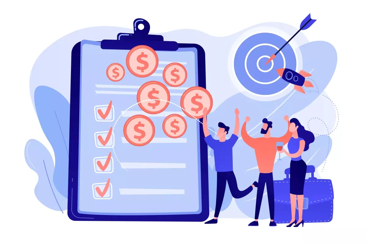 Ilustração de pessoas comemorando ao lado de uma lista de pagamento, com símbolos de dinheiro e um alvo com foguete, representando o conceito de salário intermitente.