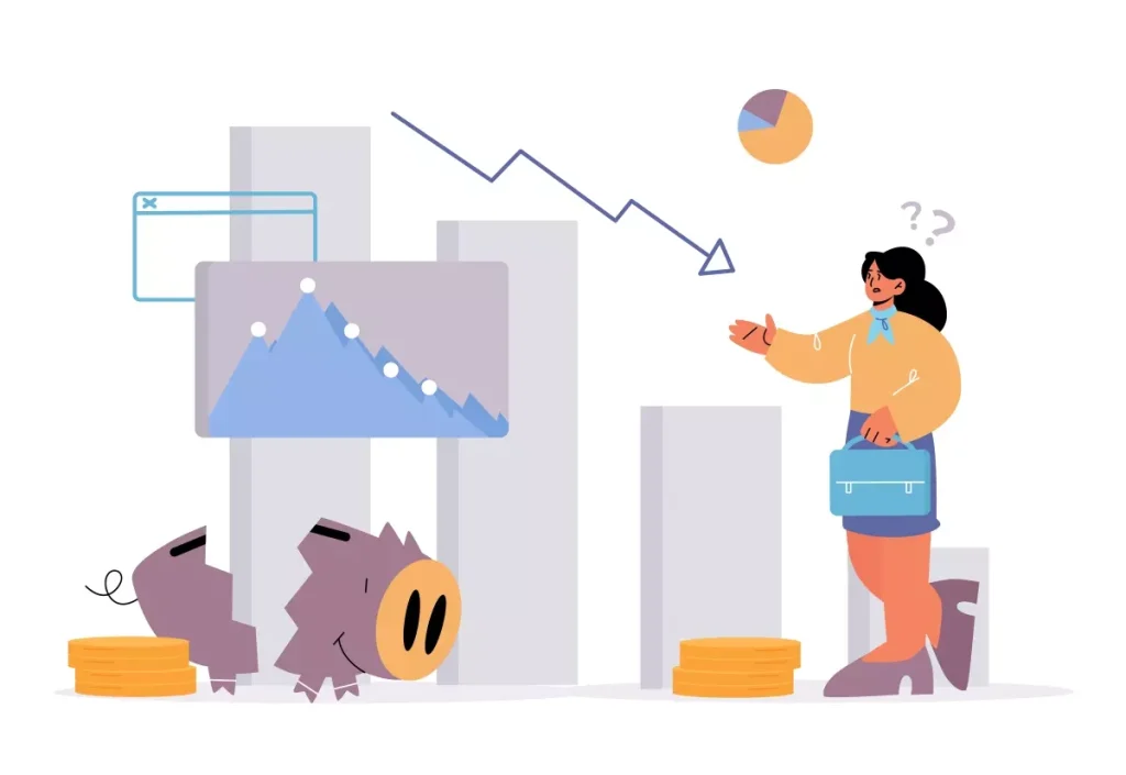 Ilustração de uma mulher ao lado de gráficos financeiros em declínio, uma vaquinha e moedas, simbolizando dificuldades e estratégias para lidar com a crise financeira.