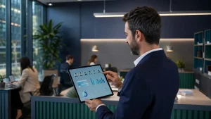 Homem de negócios analisando dados em um tablet em ambiente de escritório moderno, representando processos de contratação de trabalhador intermitente.