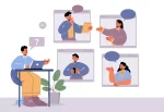 Pessoa participando de uma convocação no trabalho intermitente por videoconferência, com diversas pessoas em telas de computador e celular, ilustrando o contexto de trabalho remoto e convocação digital.