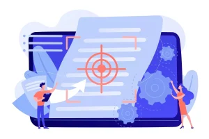 Ilustração digital mostrando um conceito de limite de convocação, com uma tela de computador, documentos, uma pessoa apontando para uma direção, e engrenagens representando processos, relacionado a estratégias de convocação.